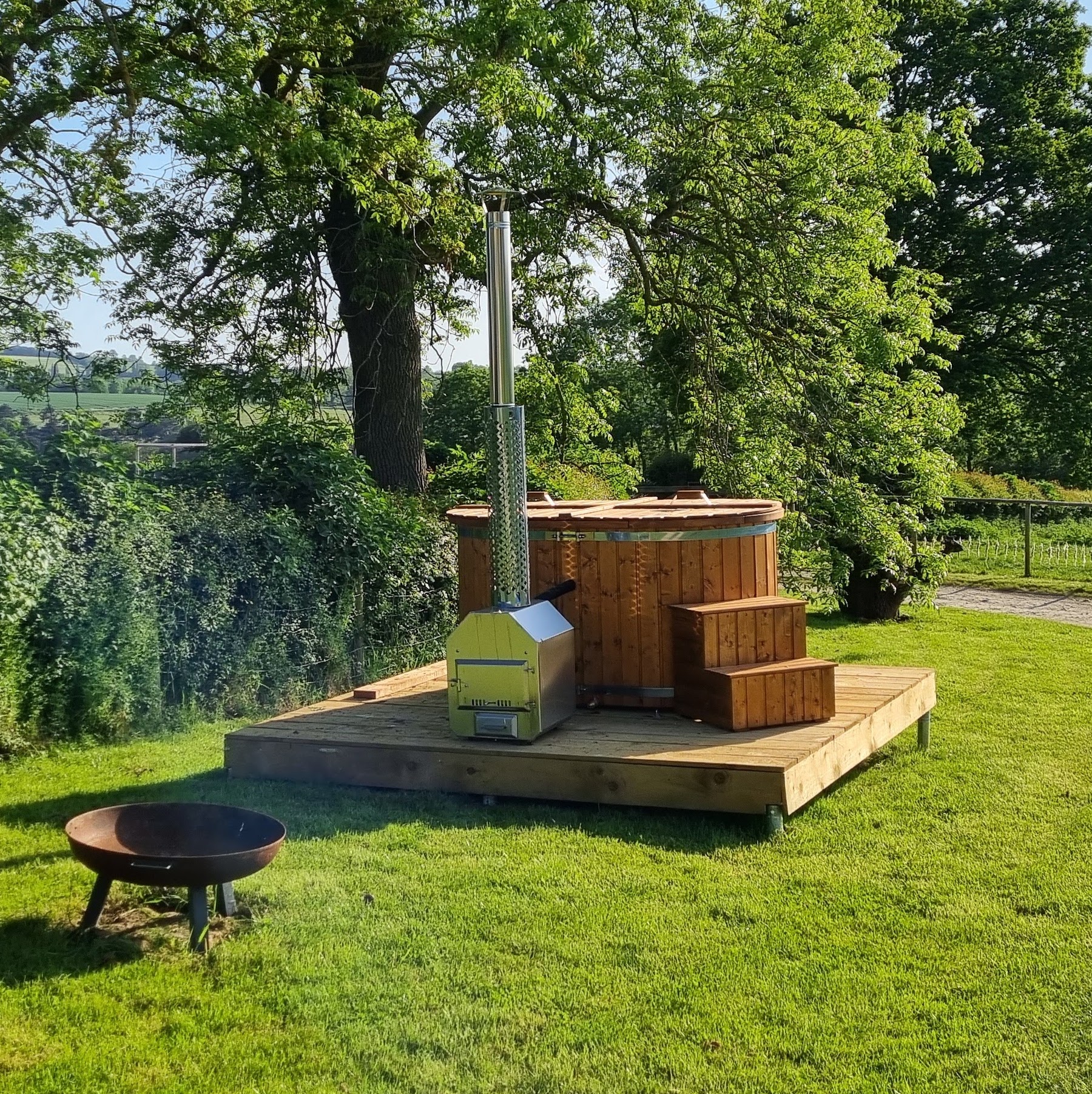2 seat wood-fired hot tub at our showroom in the Cotswolds, Oxfordshire