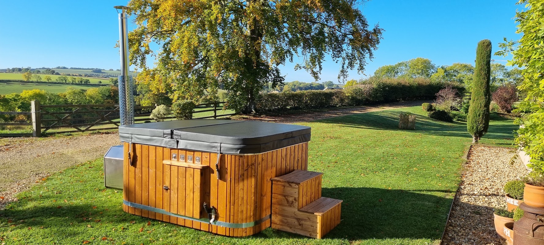 8 seat wood-fired hot tub at our showroom in the Cotswolds, Oxfordshire